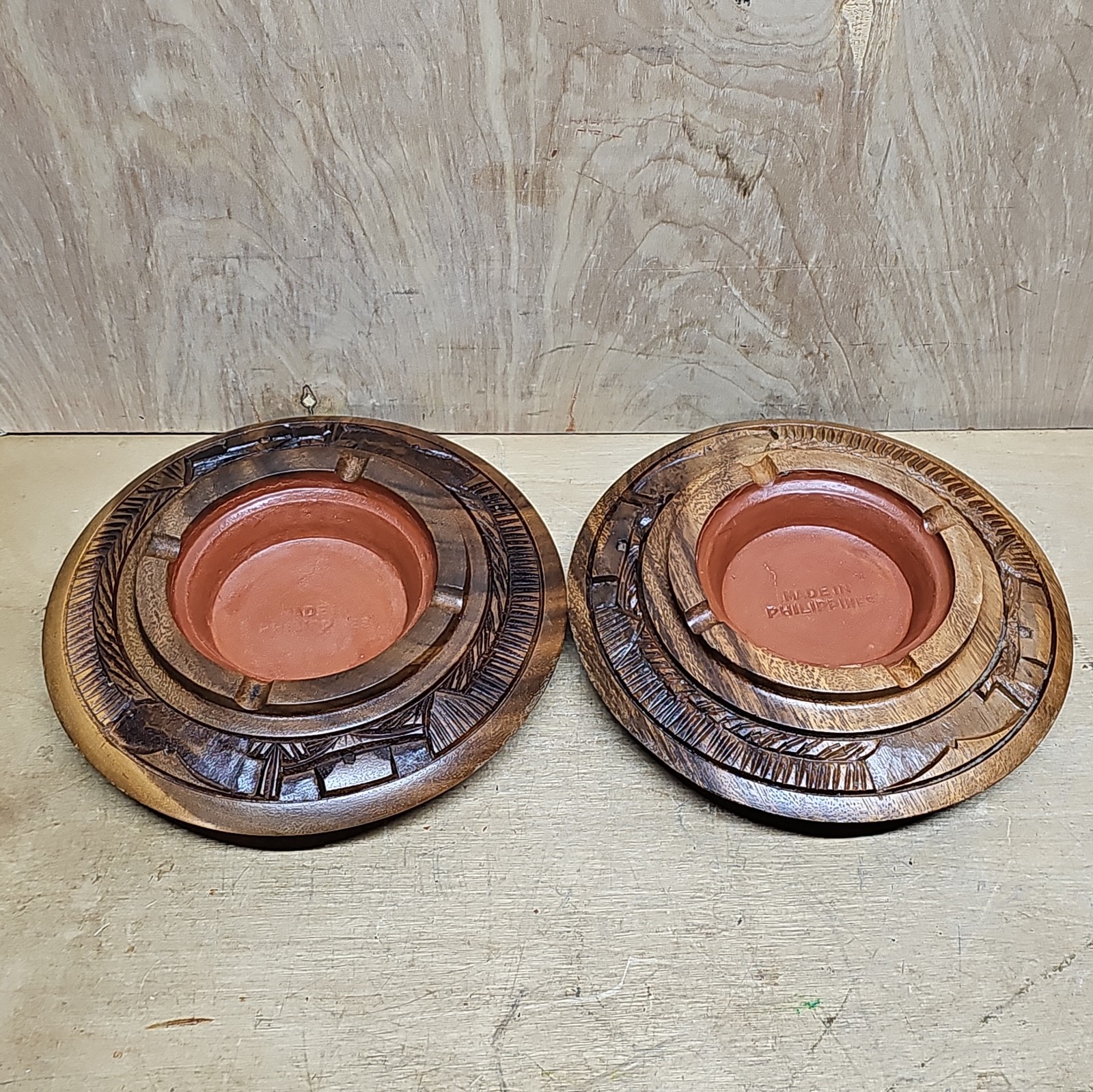 Rare Vtg S.C. Vizcarra Hand Carved Wooden Ashtrays Pair AS-41 MCM Catchall HTF