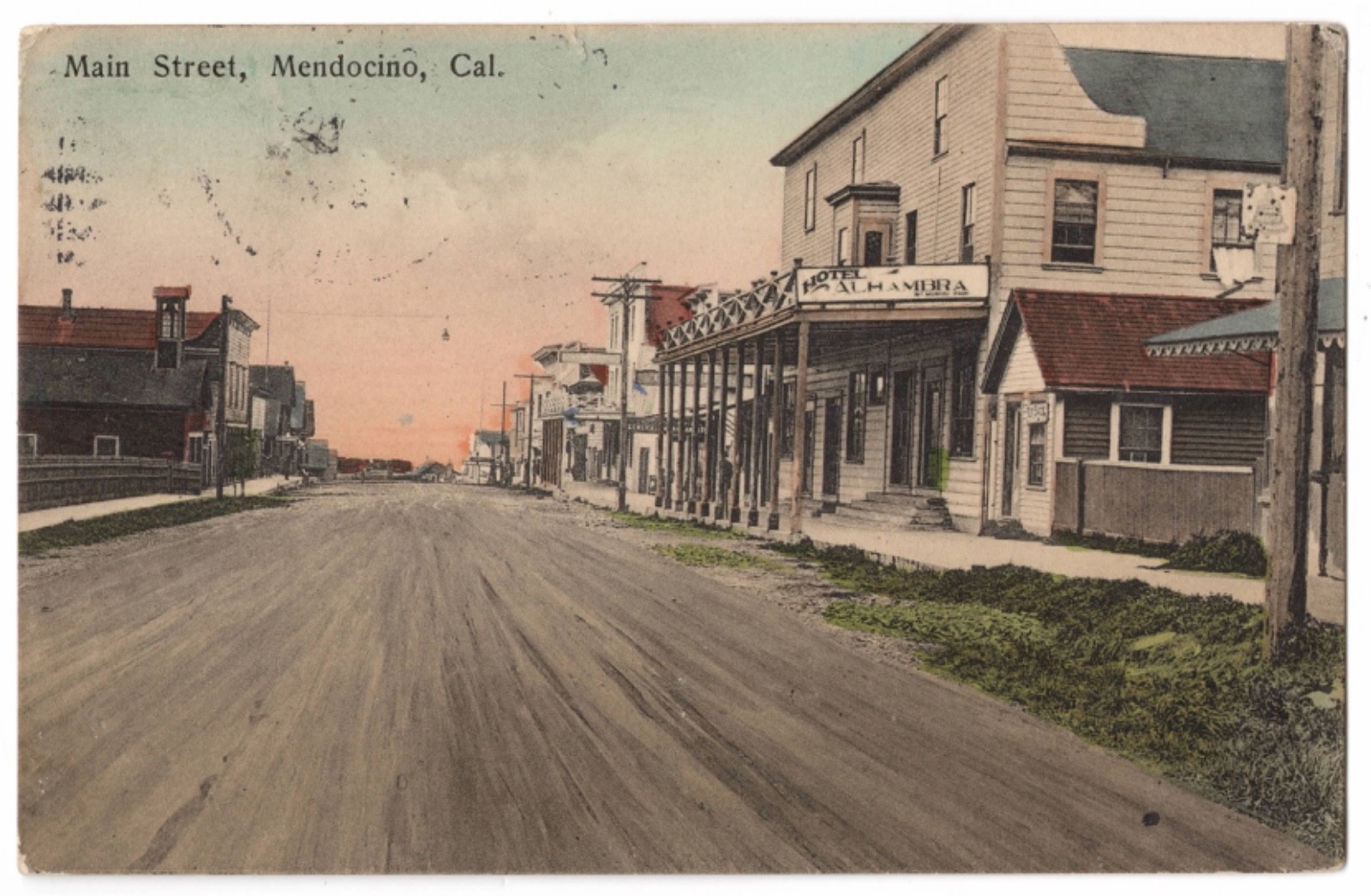 1910~MENDOCINO, CA~MAIN ST~HOTEL ALHAMBRA~SHOPS~E. BERRY~F. CREWE~RANSOMVILLE,NY