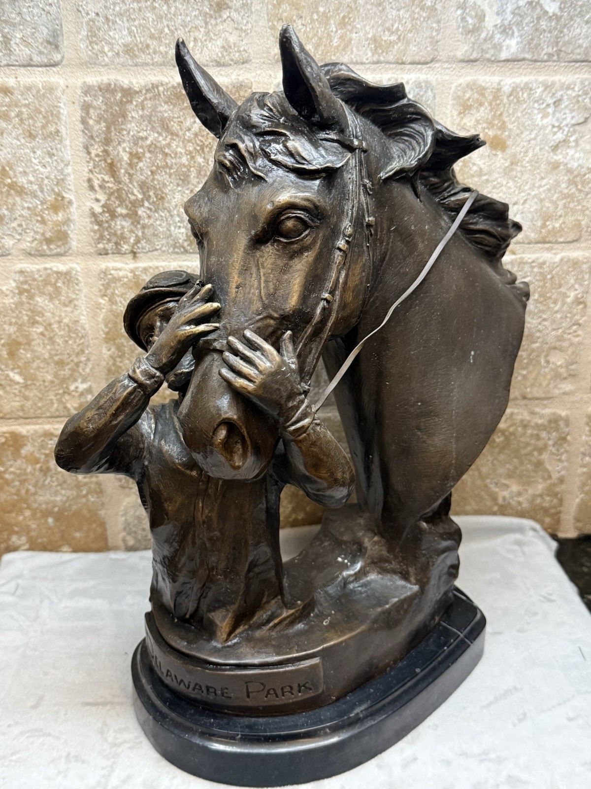 VTG Delaware Park Bronze Equestrian Race Horse & Jockey Embrace Sculpture