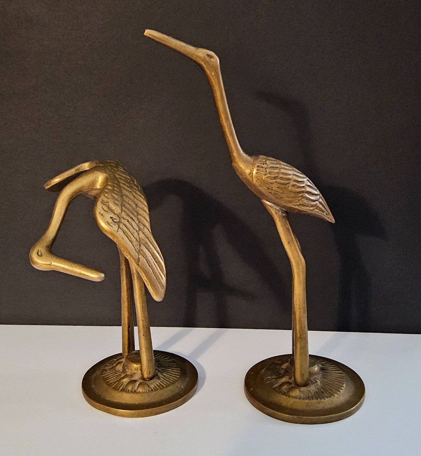 Vintage Mid Century Solid Brass Crane Egret Heron Statue Sculpture Set Of 2