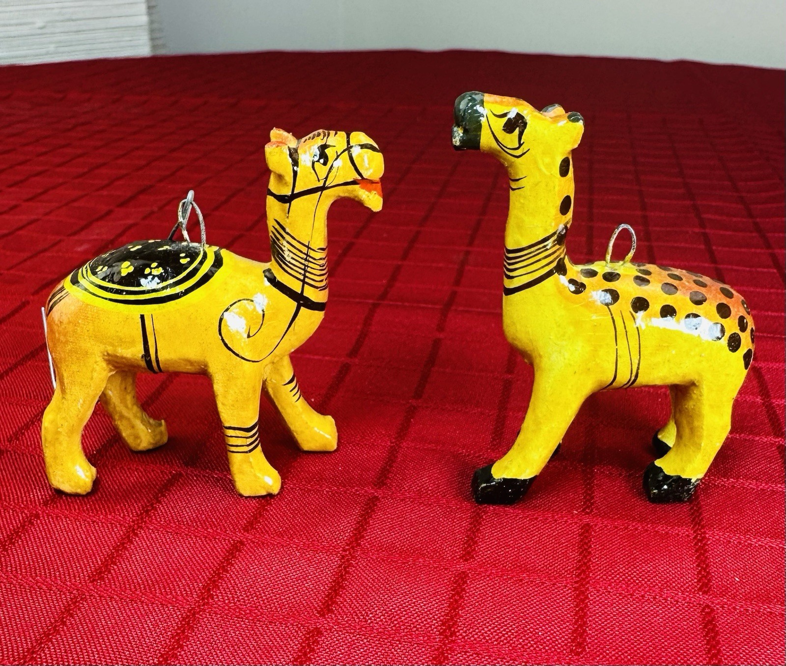 Vtg Hand Painted Wood Camel Figurine Ornament Folk Art Christmas Animal Pair