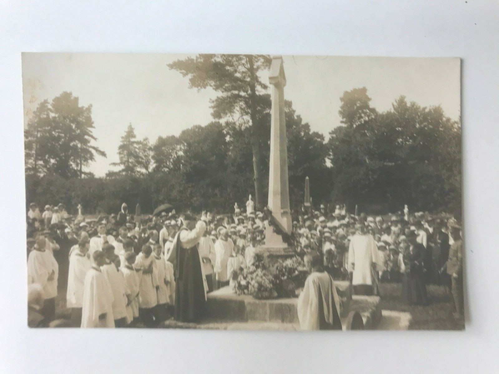 Postcard RPPC Catholic Religious Memorial Service Large Crowd Gravesite c1930's