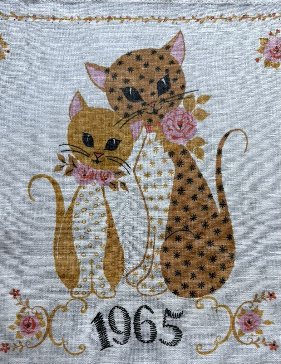 Vintage Tea Towel MCM 1965 Atomic Cats Calendar Linen