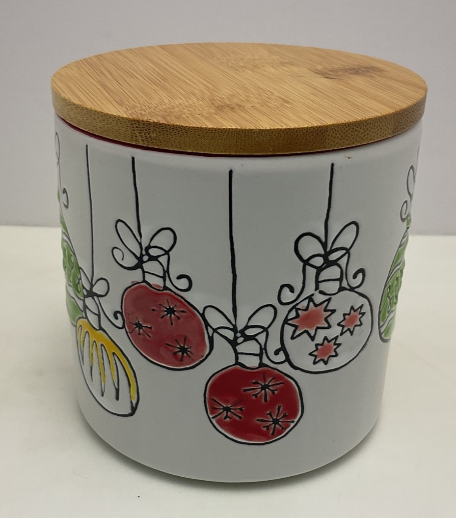 inHomestylez Christmas Ornament Canister Jar Bamboo Lid Red Interior A7