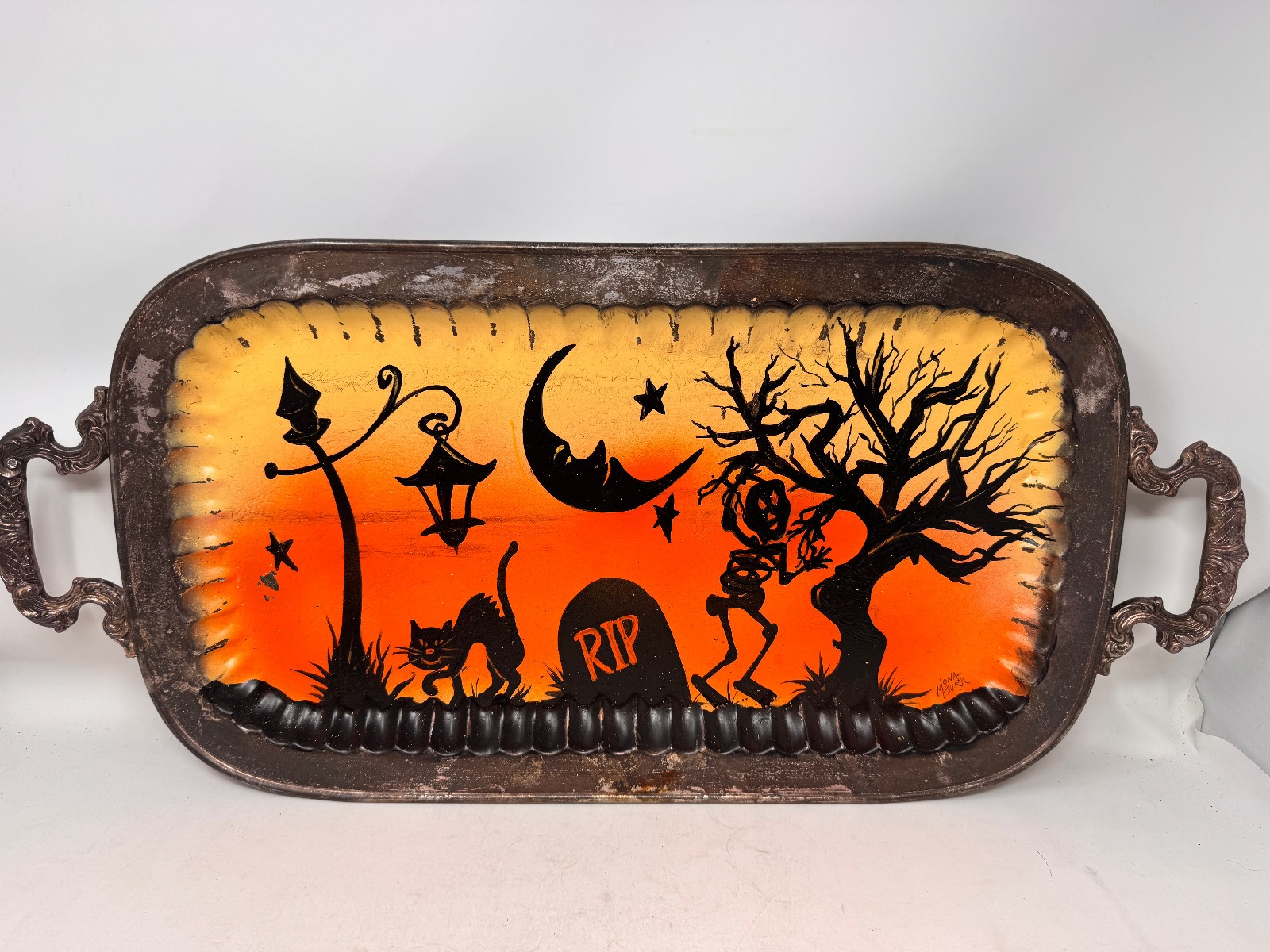 Handpainted HALLOWEEN Silverplate Antique Tray  Skeleton Graveyard Black Cat