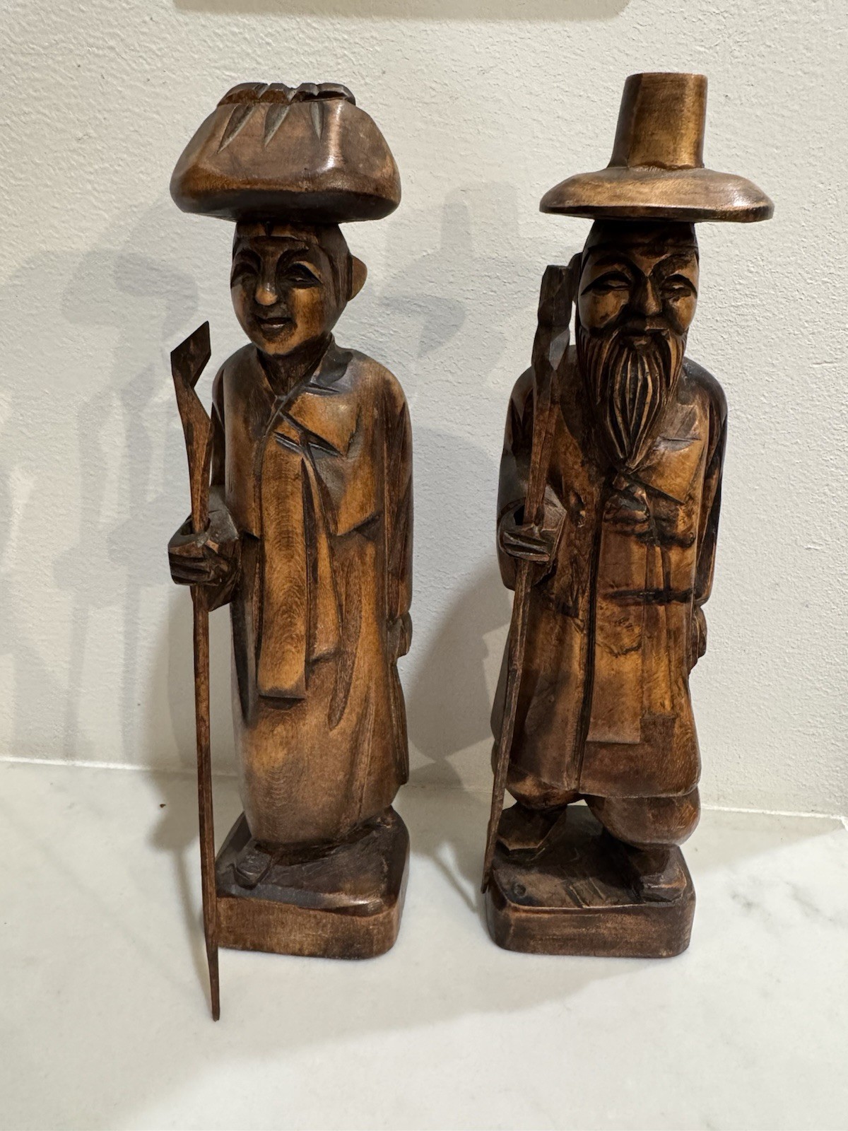 Pair Of Korean Folk Art Wooden Handcarved Figurines