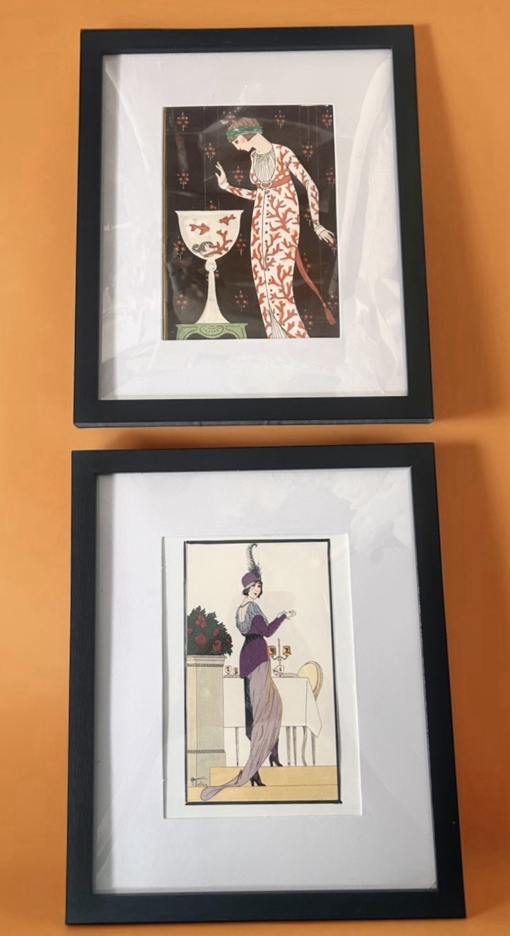 1920 French Art Deco Fashion Prints 2 Framed Matted In A Nail Free Frame 8x10”
