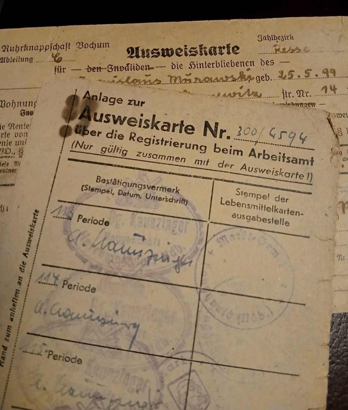 Ausweiskarte (German Identity Card)  WWII WW2, Labor Card, Lot of 2