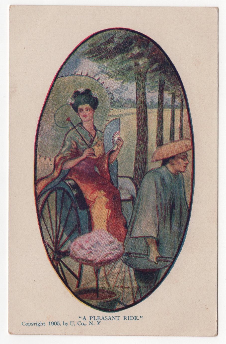 1905 artist F Earl Christy - A Pleasant Ride - Japan Geisha Rickshaw Parasol 506