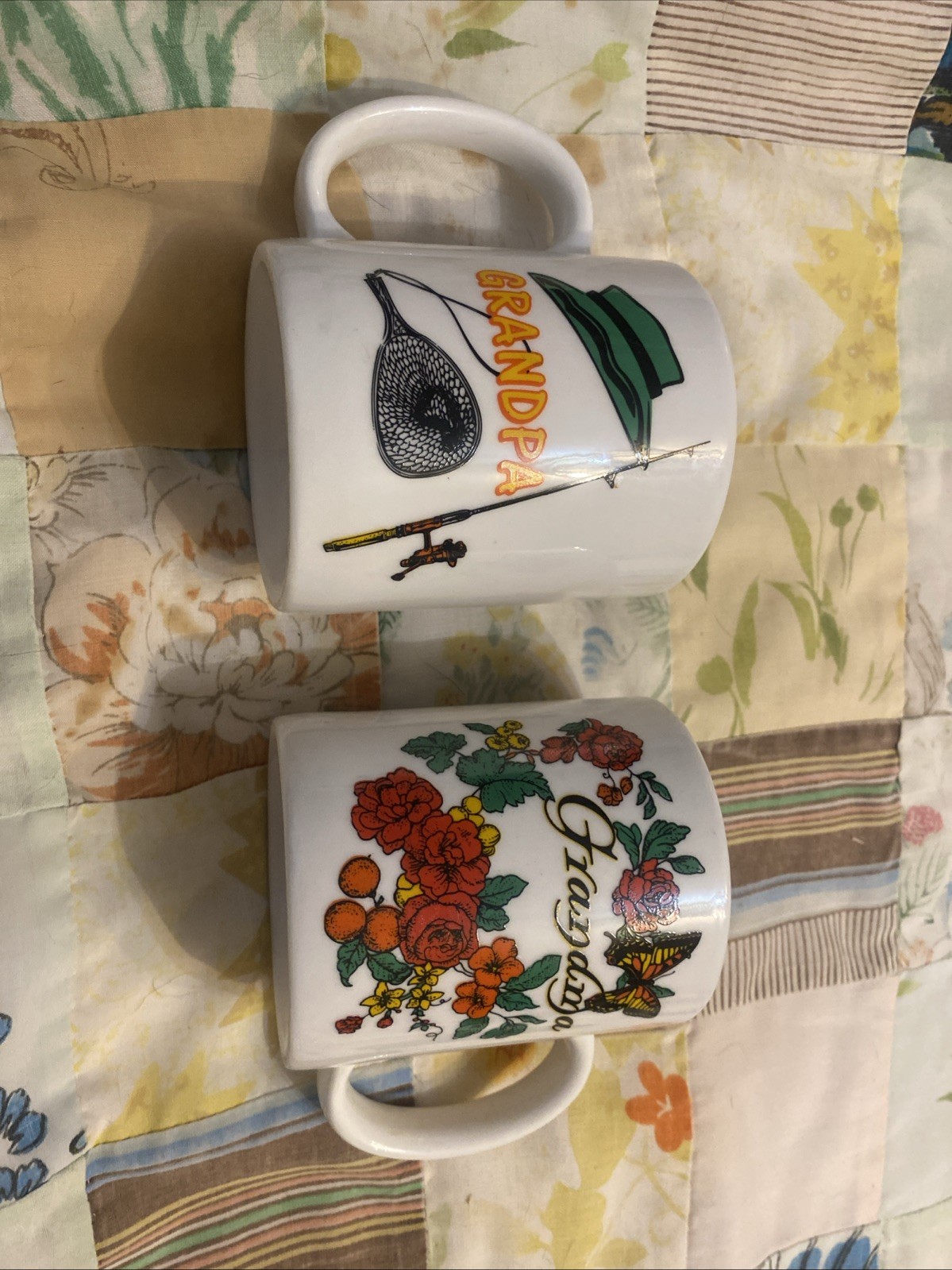 Vintage Grandpa & Grandma Ceramic Coffee Mug Set Retro 1970 Flower & Fishing