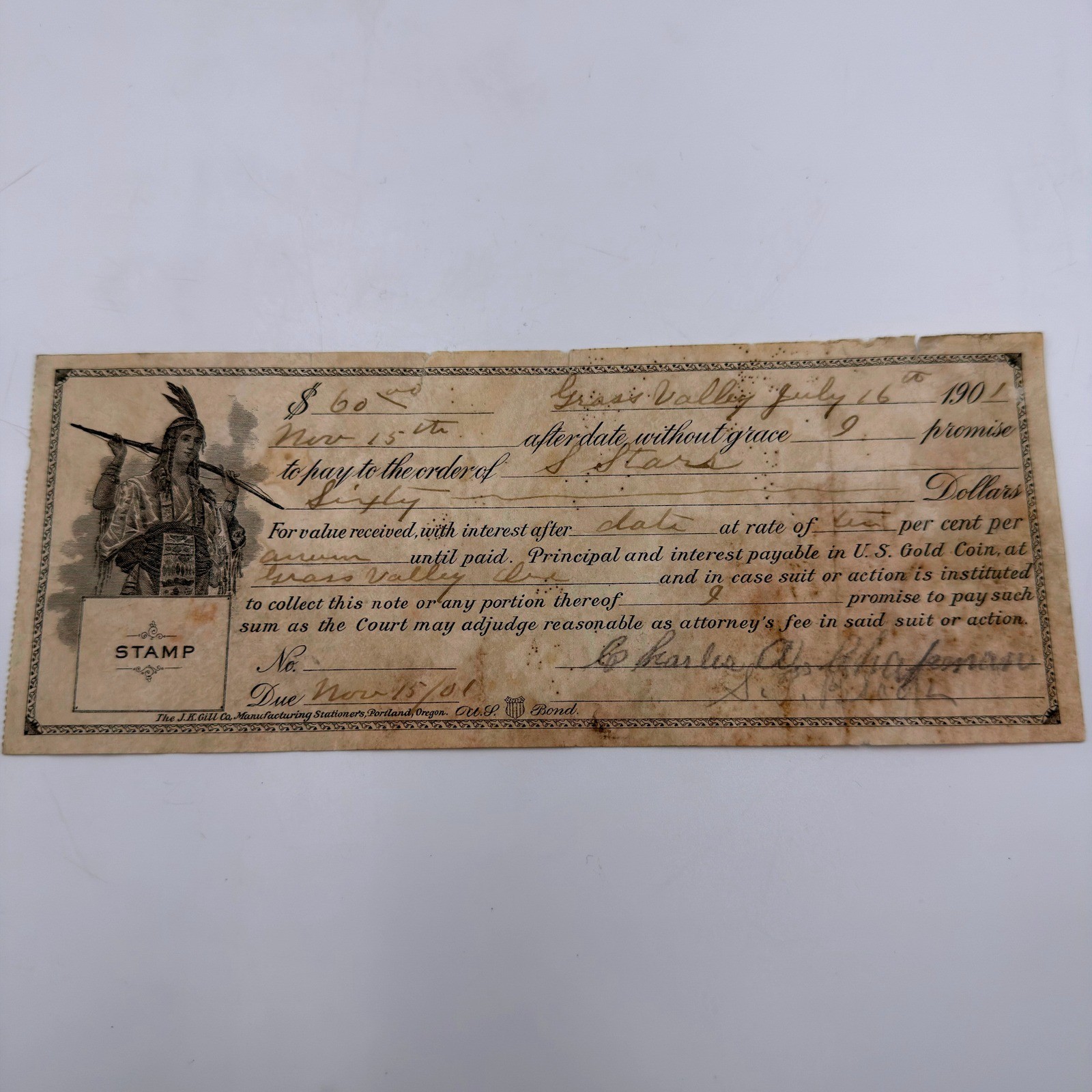 Antique 1901 Grass Valley Promissory Note Native American Vignette US Gold Coin