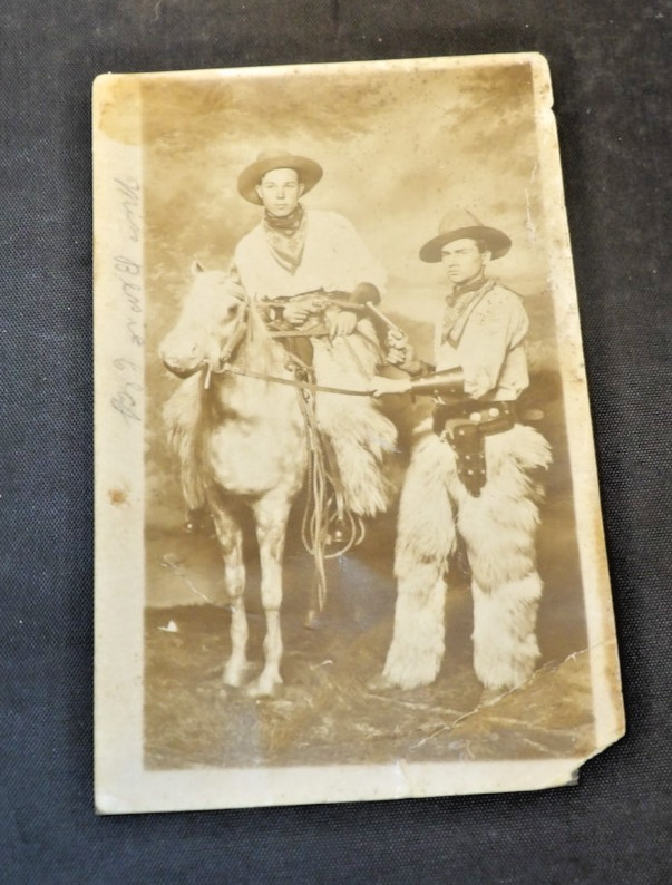 Cowboy Studio 1919 RPPC Photo Wild West Men Gun Horse Hats Wooly Chaps