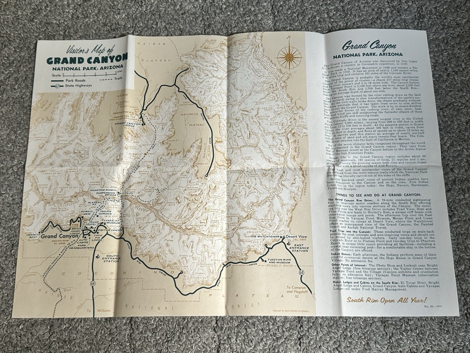 Vintage 1959 Grand Canyon National Park Visitors Map AZ Arizona Tourist Guide