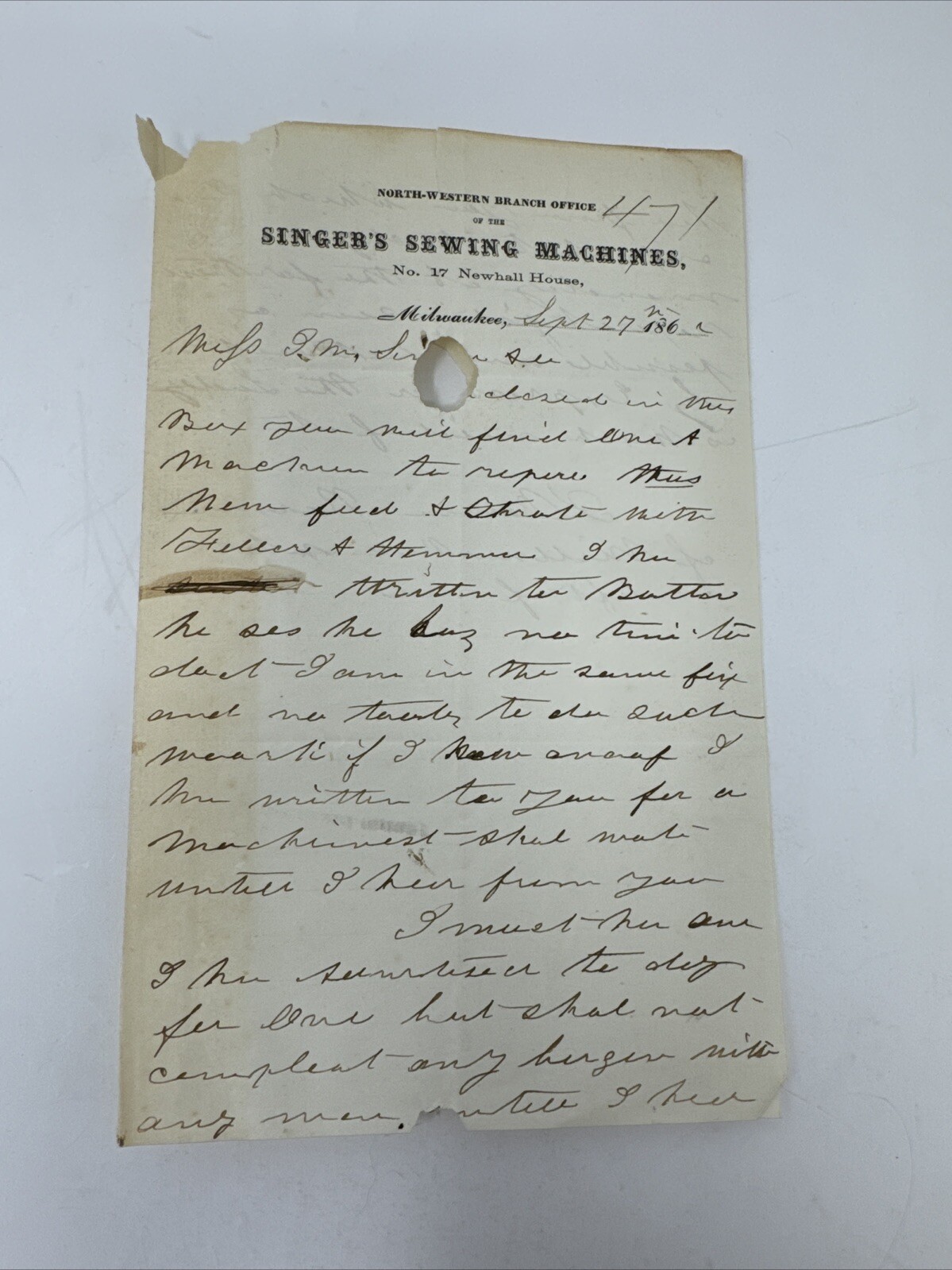 CIVIL WAR Era 1860\'s Singer Sewing Machine Letterhead Milwaukee Letter