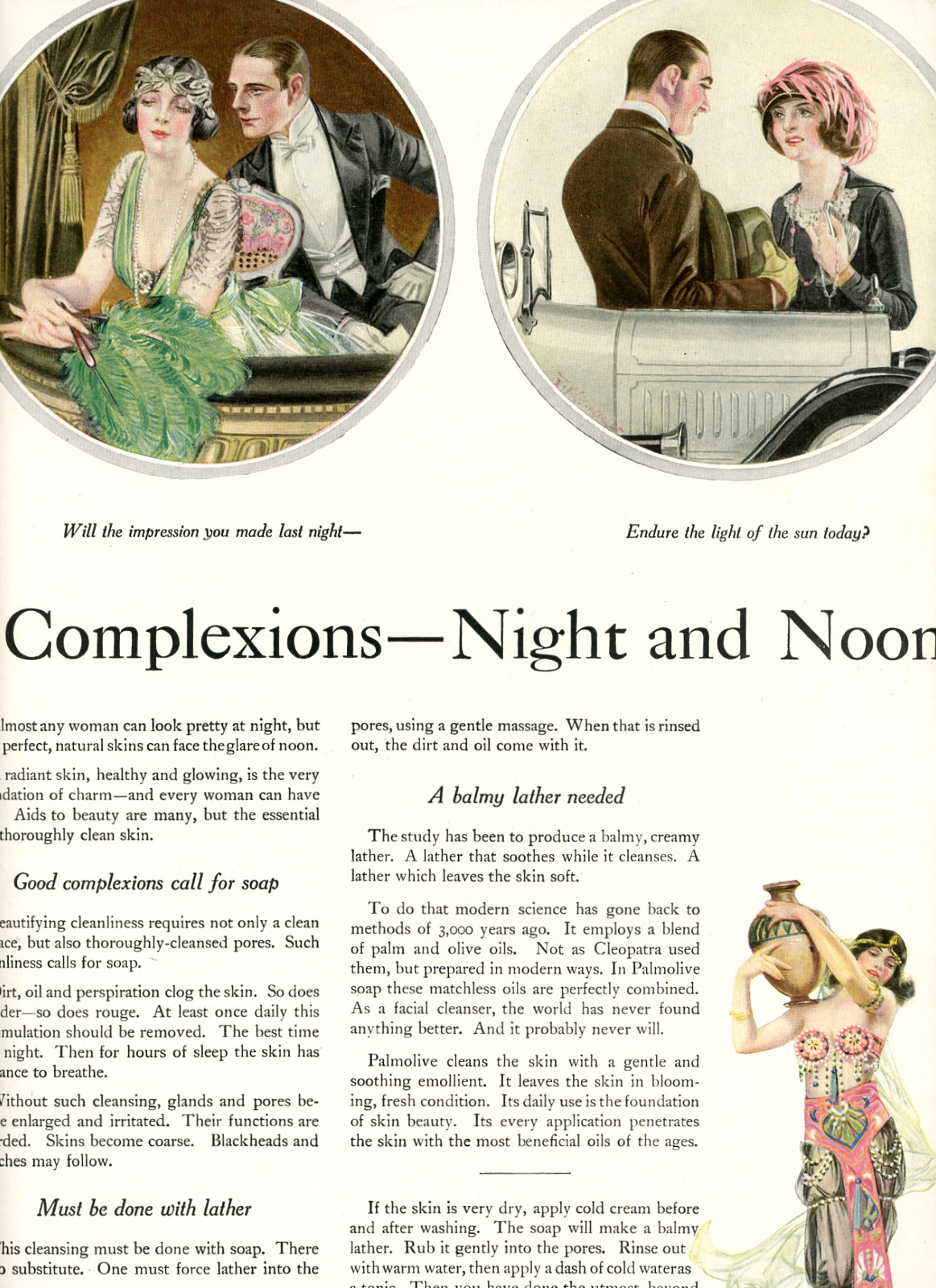 1921 Original Palmolive Soap Ad. Frank X. Leyendecker Art. Night/Day Complexions