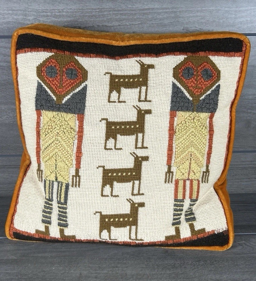 Vintage Folk Art Style Embroidered Accent Pillow