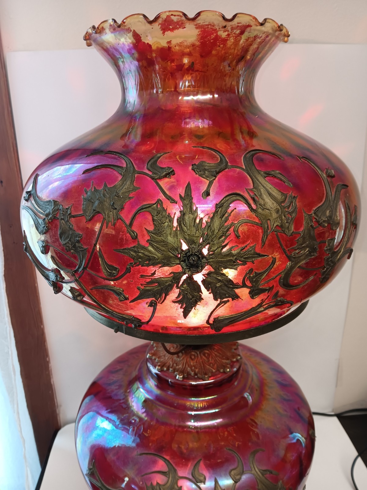 Vintage Opalescent Glass Ornate Lamp Cranberry Hurricane
