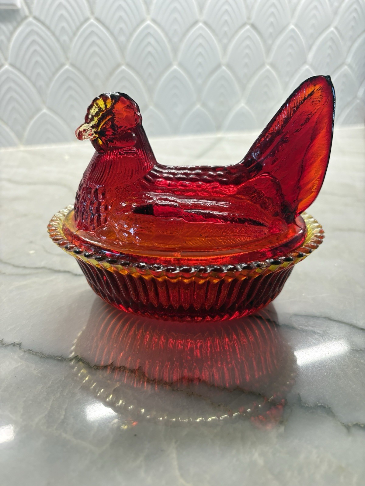 Vintage Ruby Red Amberina Hen on Nest Glass Chicken Covered Dish