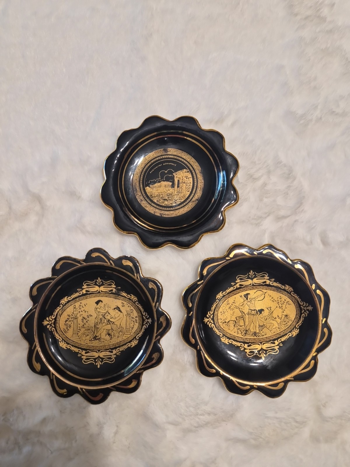 Vintage Greek Porcelain Miniature Plates Set of 3 Black 24K Gold Handmade Greece