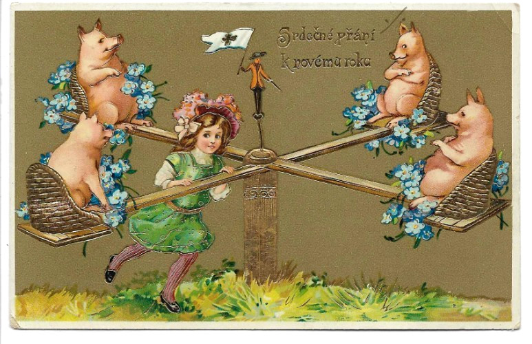 Girl Pushes Four Pigs on Merry-Go ~Round~Carousel~Antique Fantasy Postcard~s813