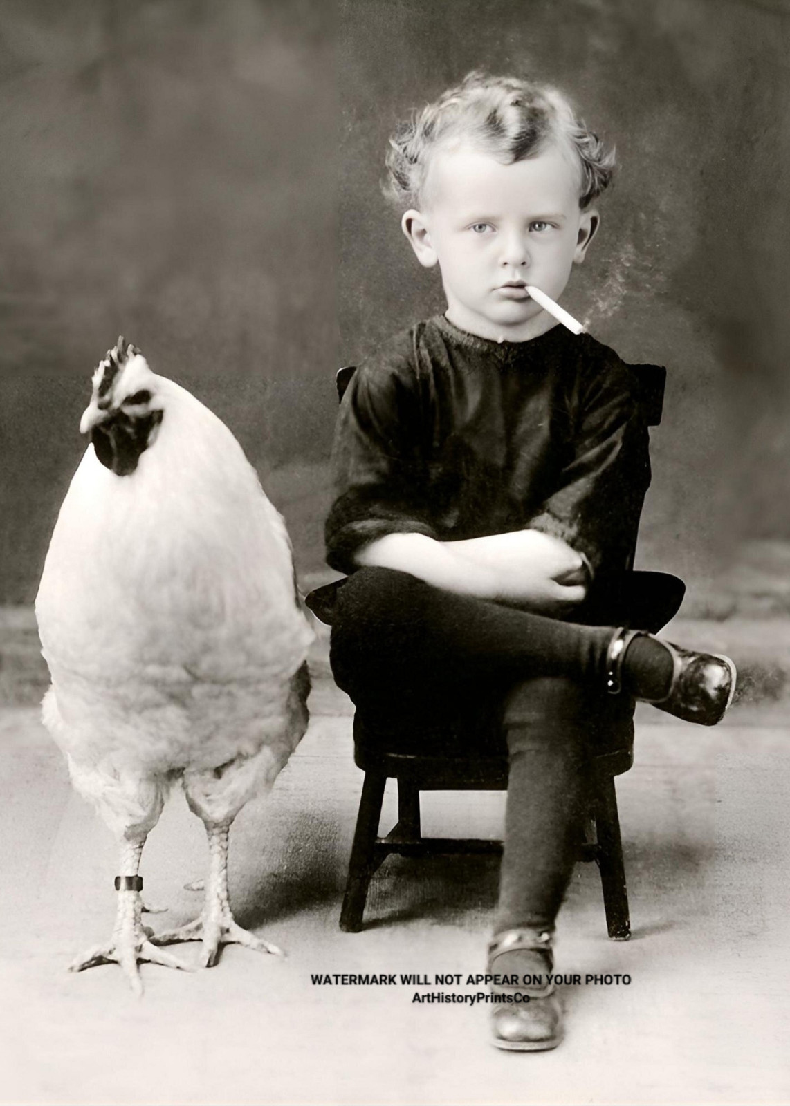 Vintage Comedy Photo | Boy with Cigarette & Chicken | Historic Novelty Reprint