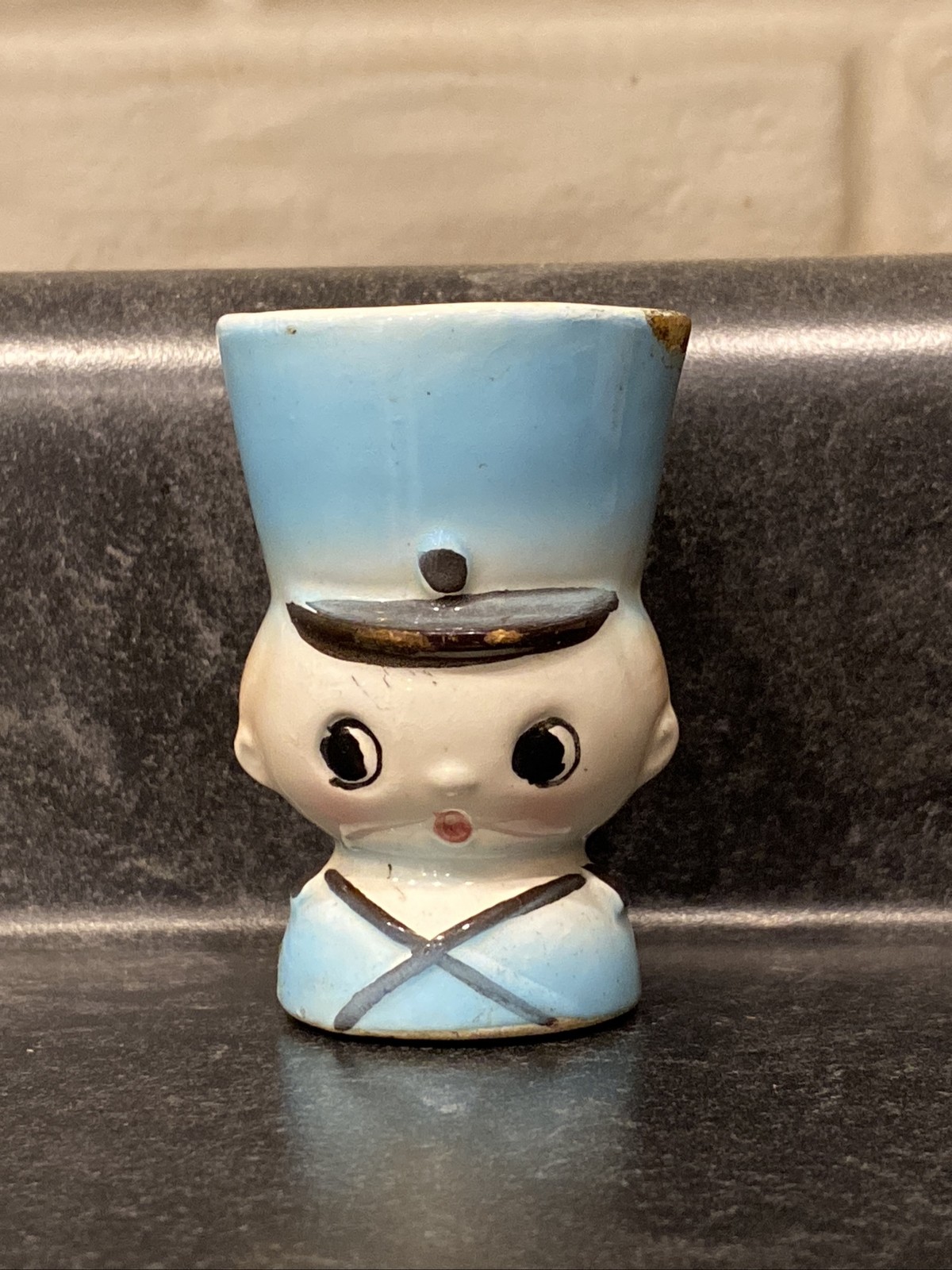 Adorable Kitschy Vintage Anthropomorphic Blue Ceramic Solider Egg Cup Holder~