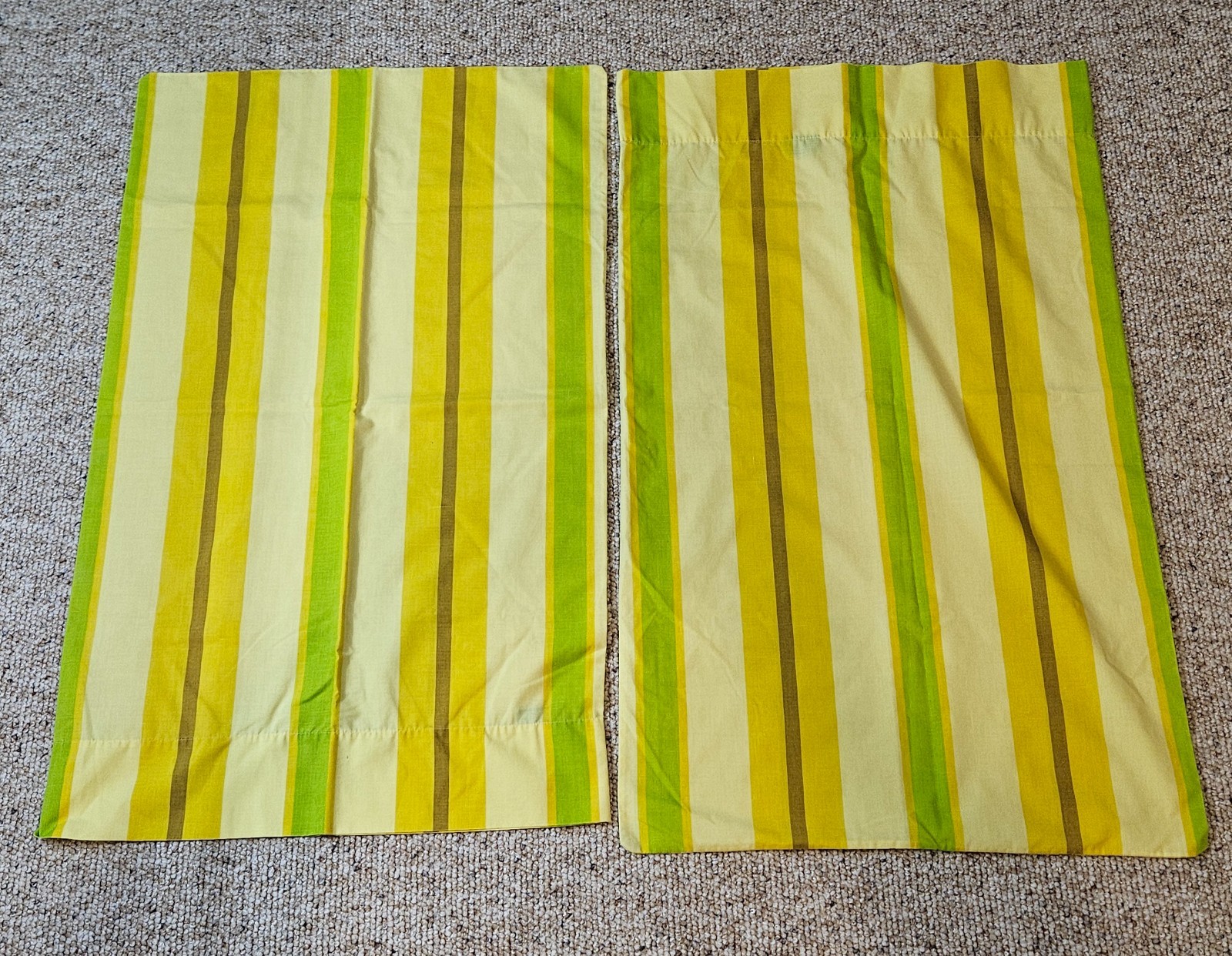 Vintage Sears Perma-Prest Striped Pillowcase Set Retro Yellow Green Brown 2pc