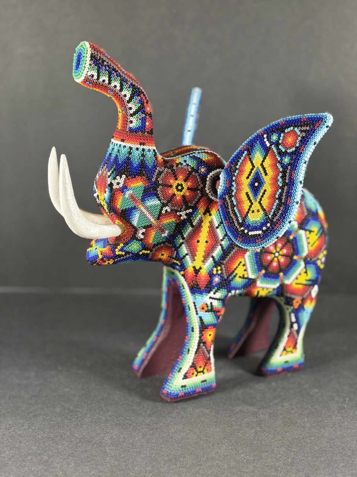 Large 10.5”Mexico/Mexican Huichol Art Brightly Beaded Elephant SIGNED