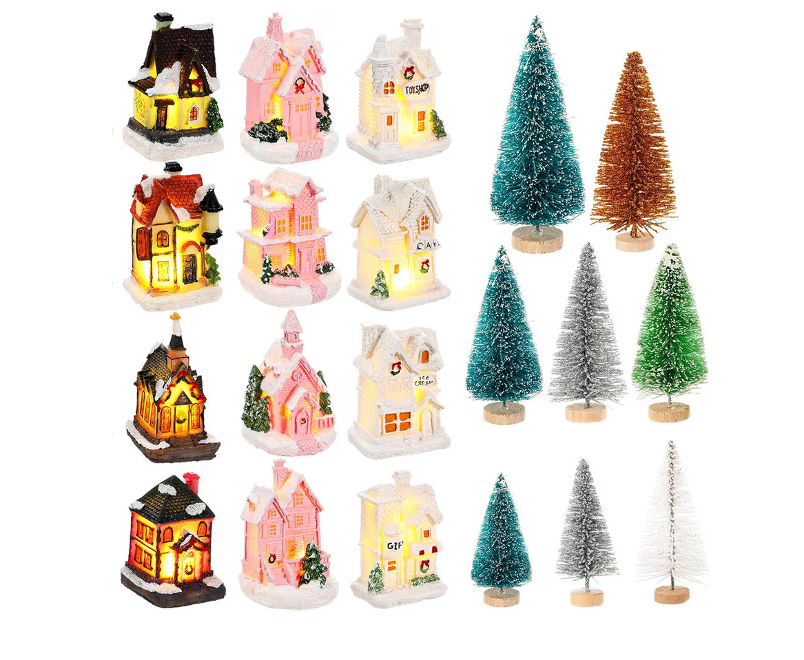 36 Pcs Christmas Village Houses Figurines Decoration Set 12 White Pink New 36 Pcs Christmas Village Houses Figurines Decoration Set 12 White Pink New