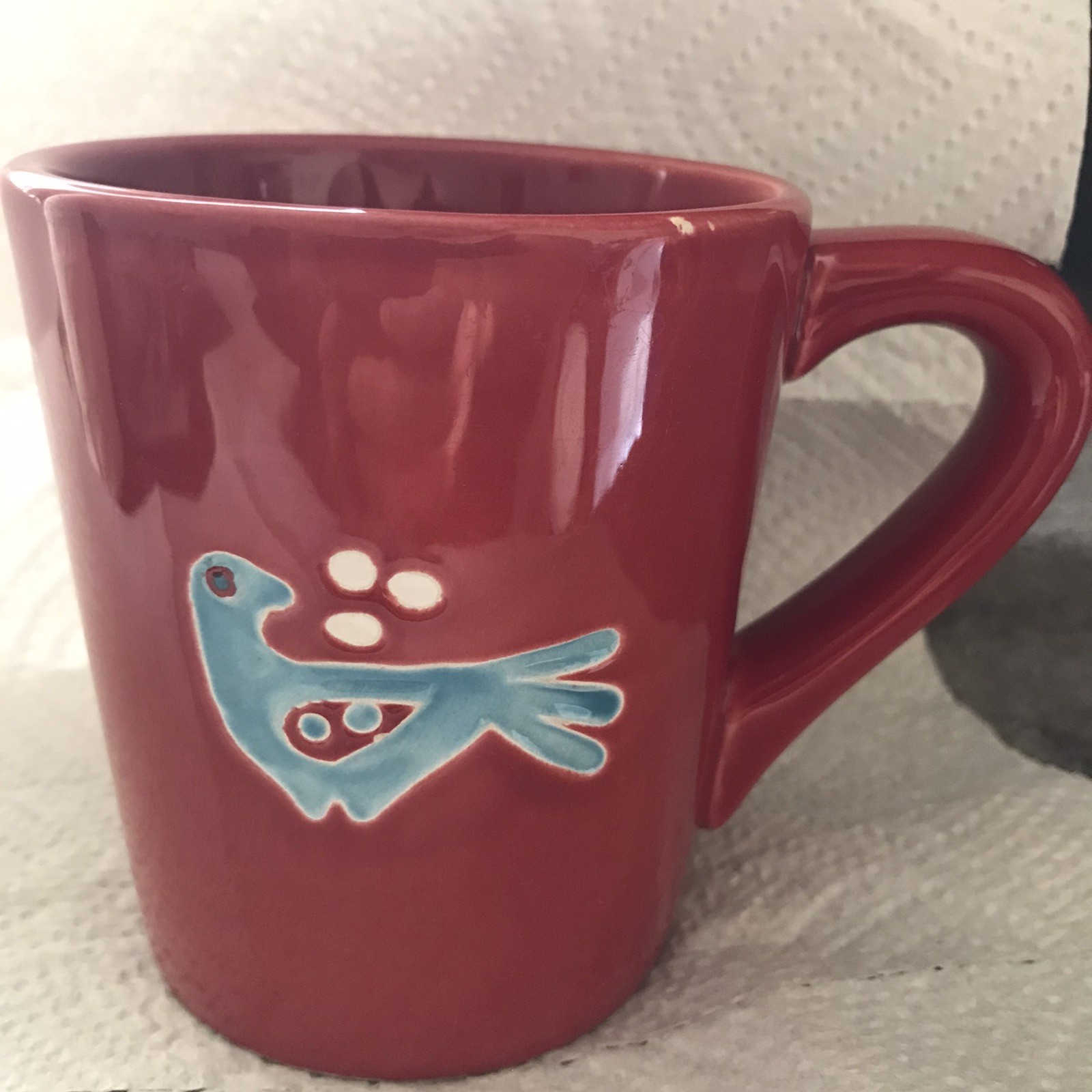 Rare Peets Coffee & Tea  Red Ceramic  Embossed Mug Blue Bird Dove