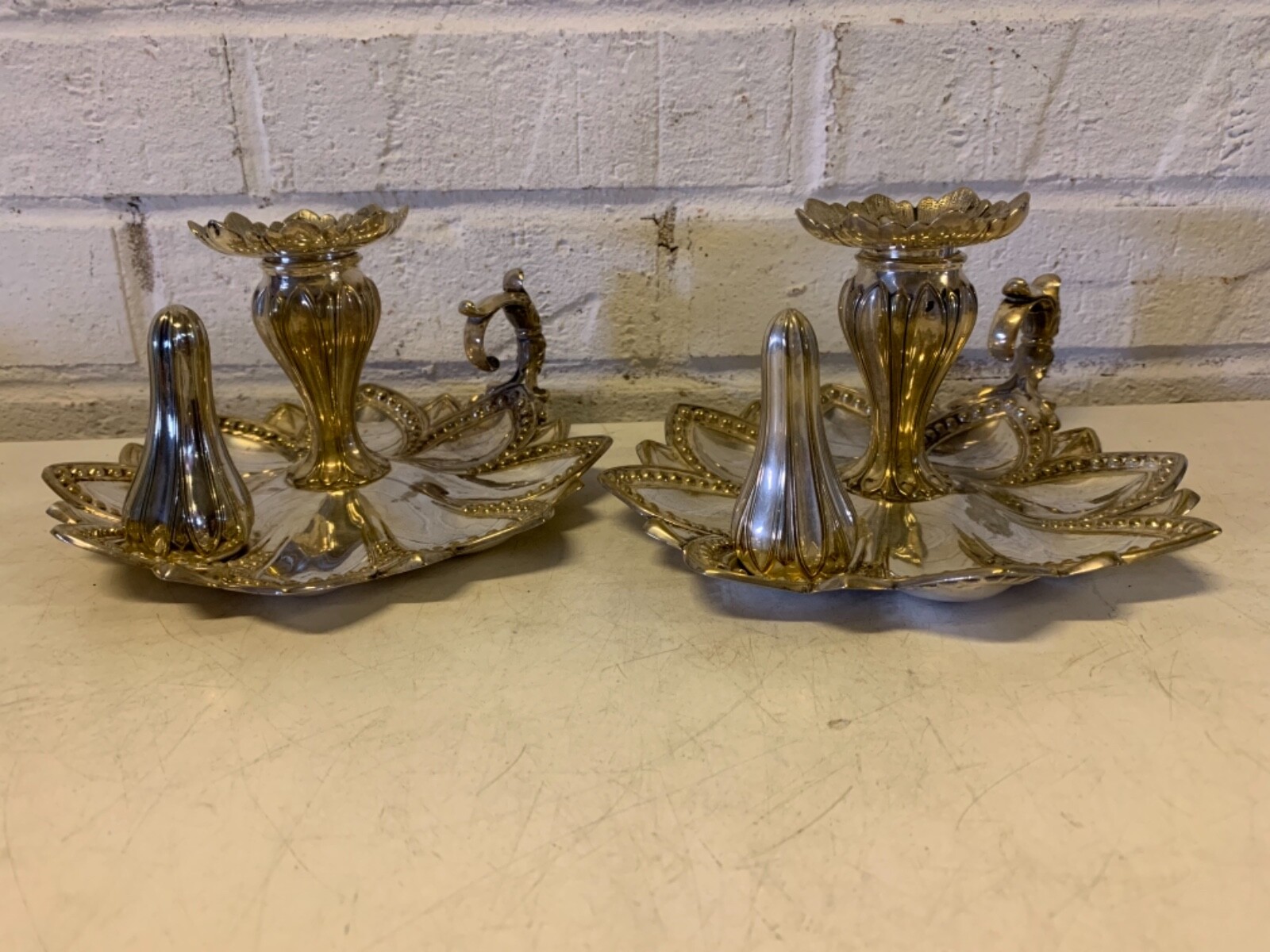 Vtg Possibly Ant Silverplate Floral Pair of Chambersticks w/ Flower Petal Dec.