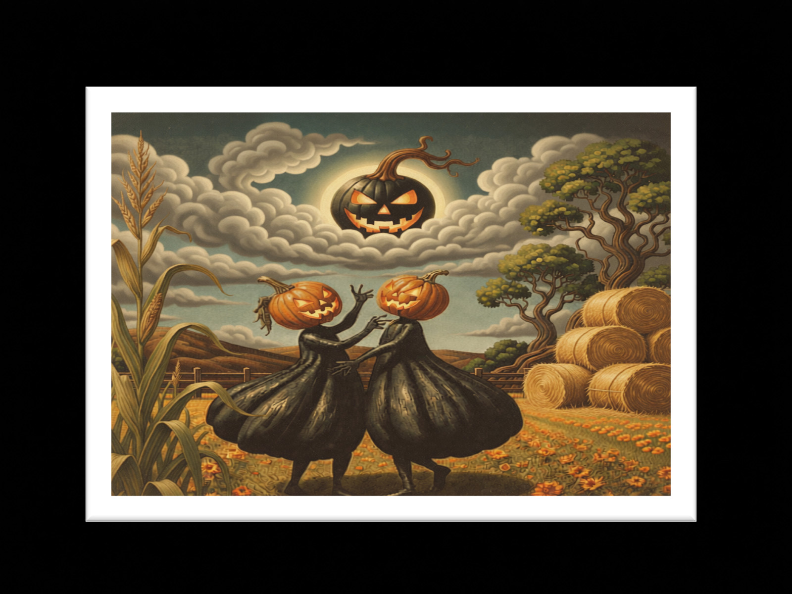 VTG Style Blank Postcard Dancing Pumpkin Spooky Halloween Fall Harvest