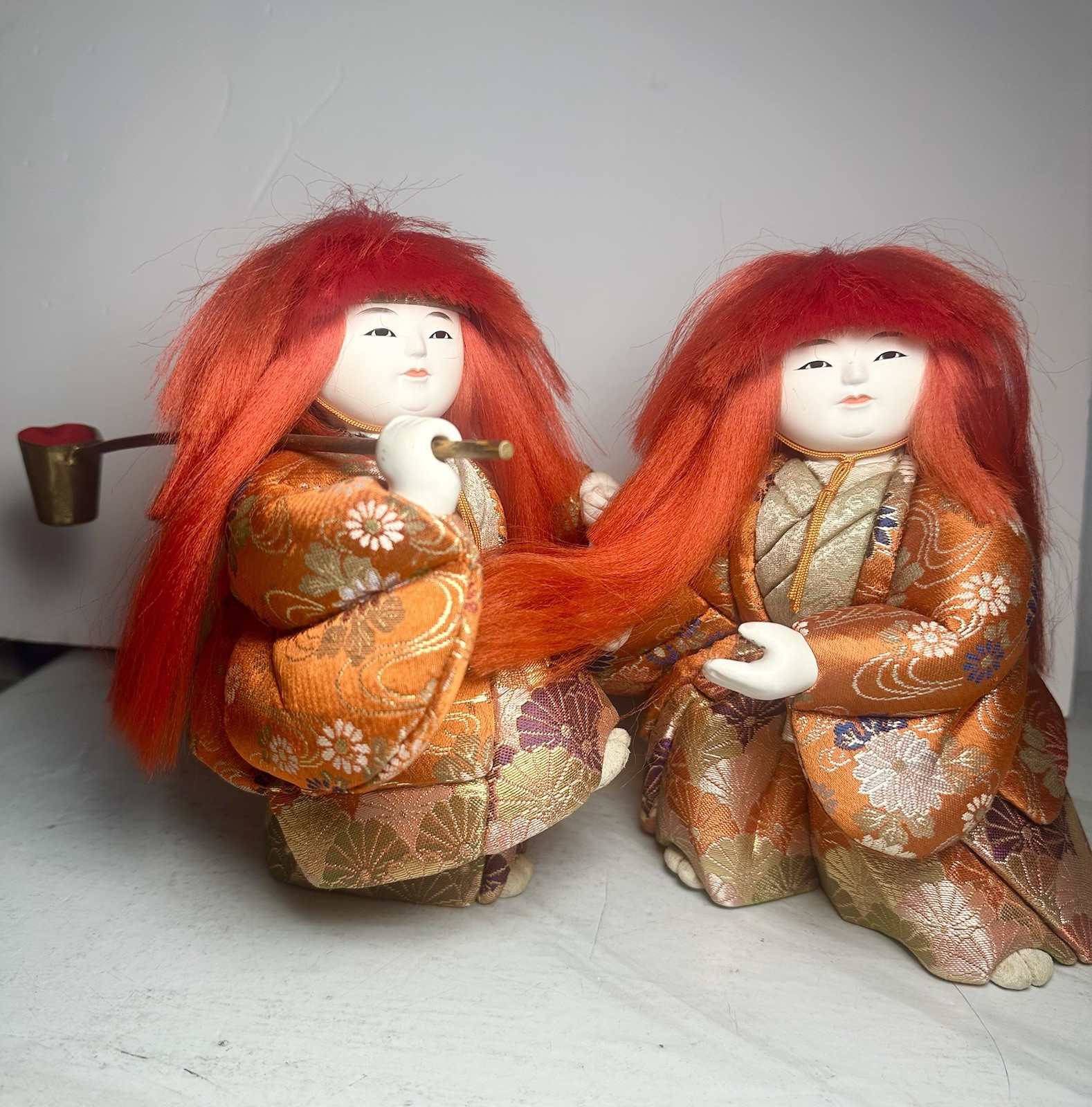 Vintage Japanese Kimekomi Style Doll Pair Kimono Red Hair Unmarked Rare