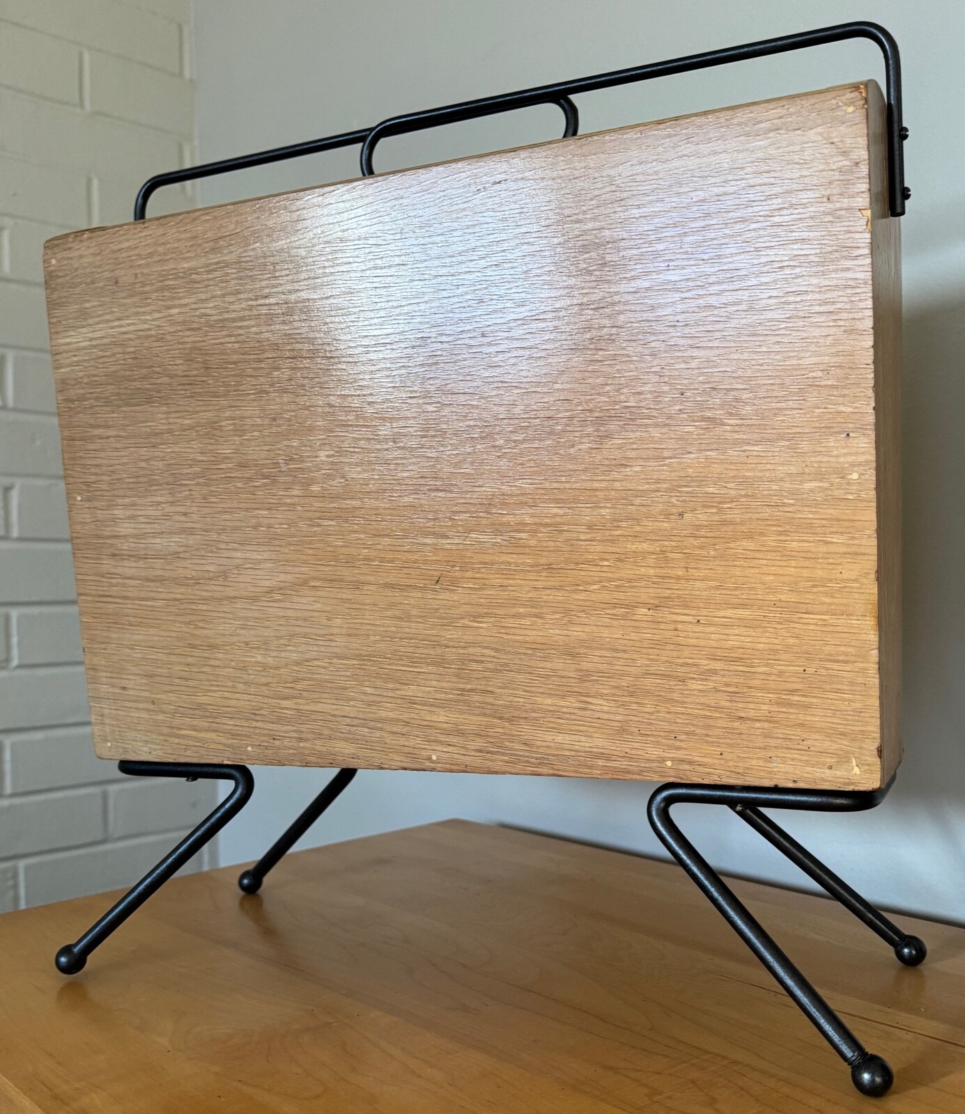 Vintage 1950s Wood Iron Magazine Stand MCM Metal Mid Century Modern Atomic Era