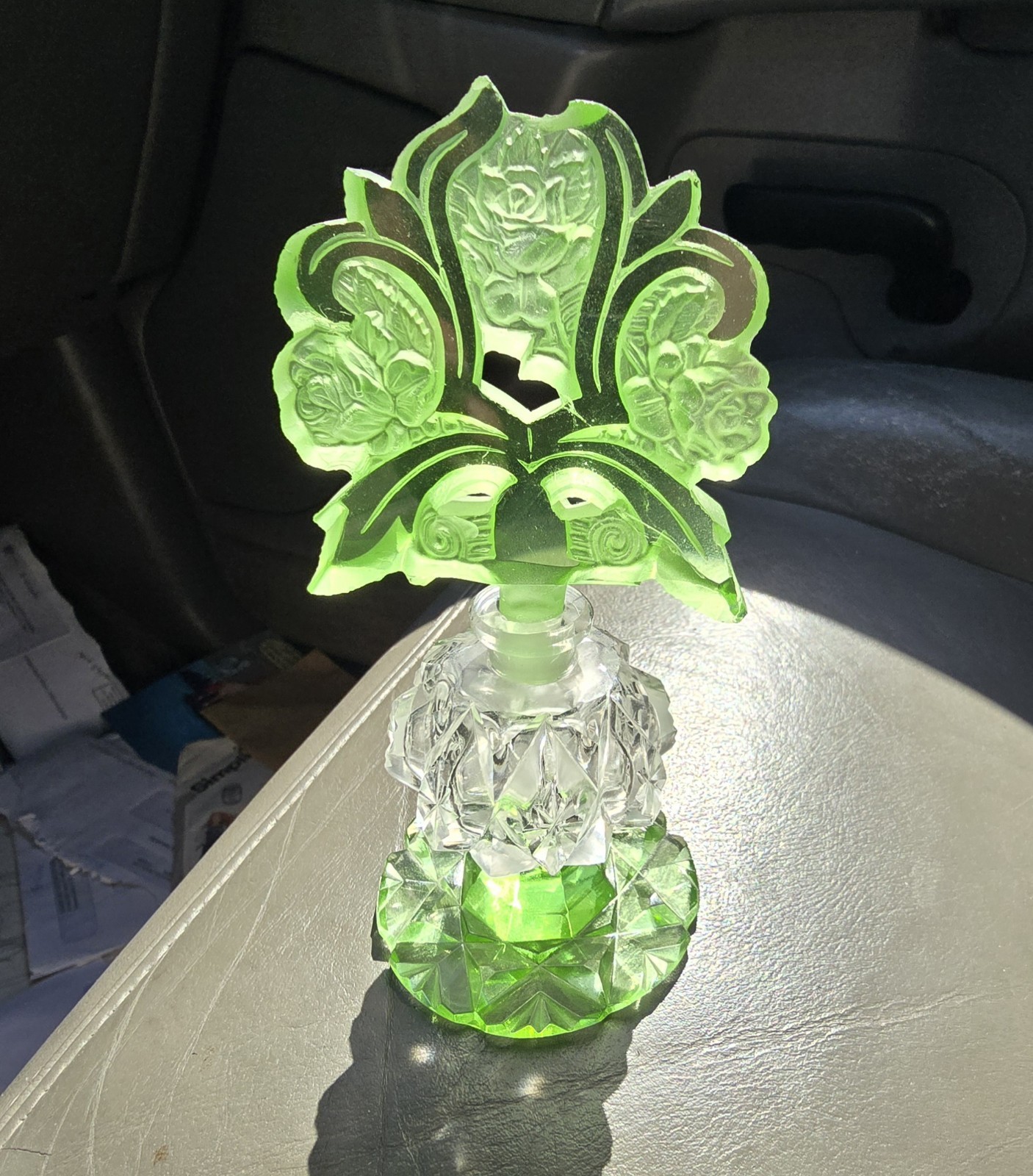 Antique 1920s 30s Czech Perfume Bottle Green Cut Glass Stopper  Roses GLOWS