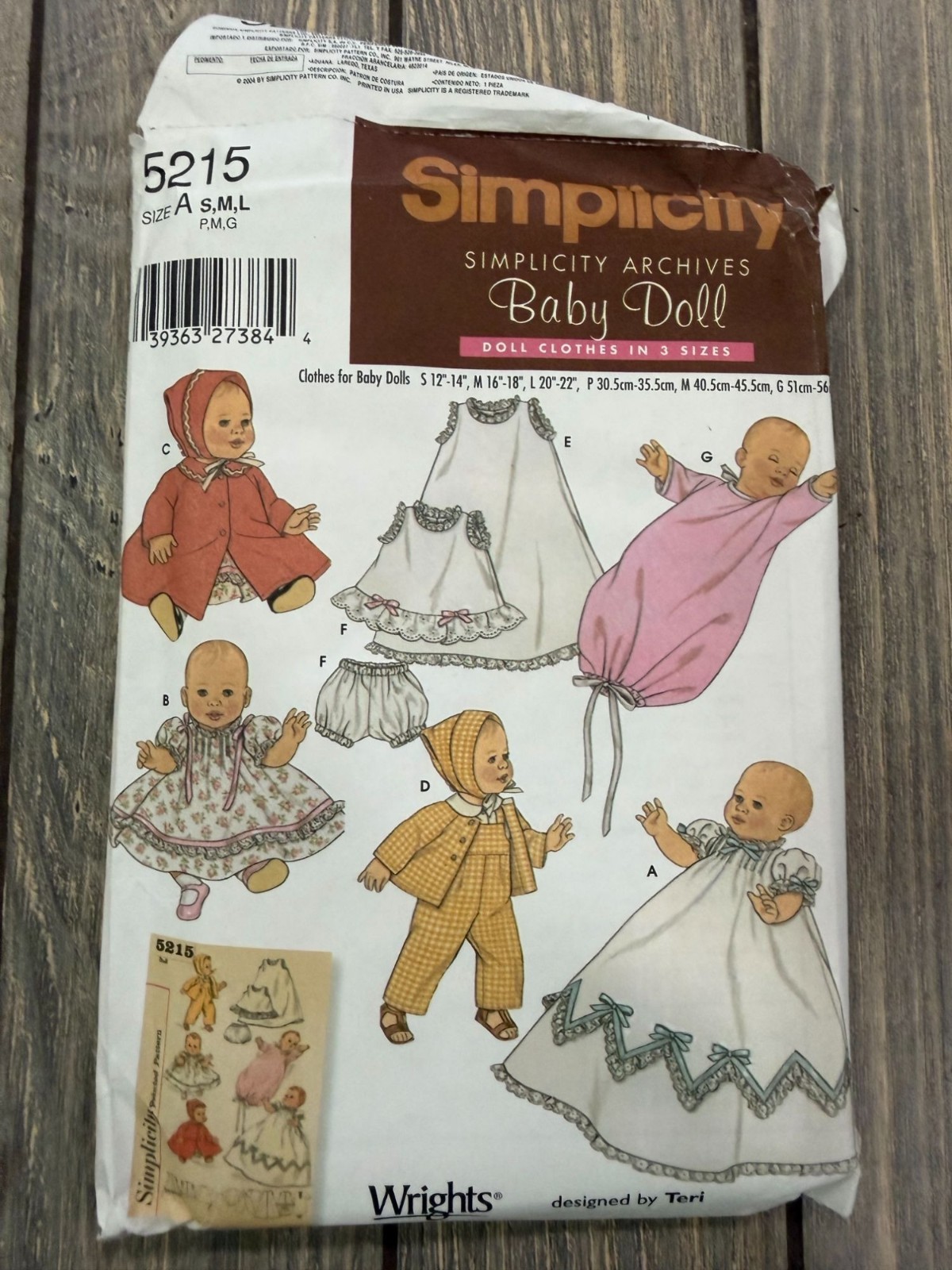 Vintage Simplicity 5215 Baby Doll Clothes Sewing Pattern 3 Sizes S M L Complete