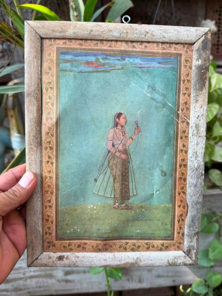 Vintage Indian Miniature Lady Portrait Painting Framed Folk Art Wall Decor 11x8