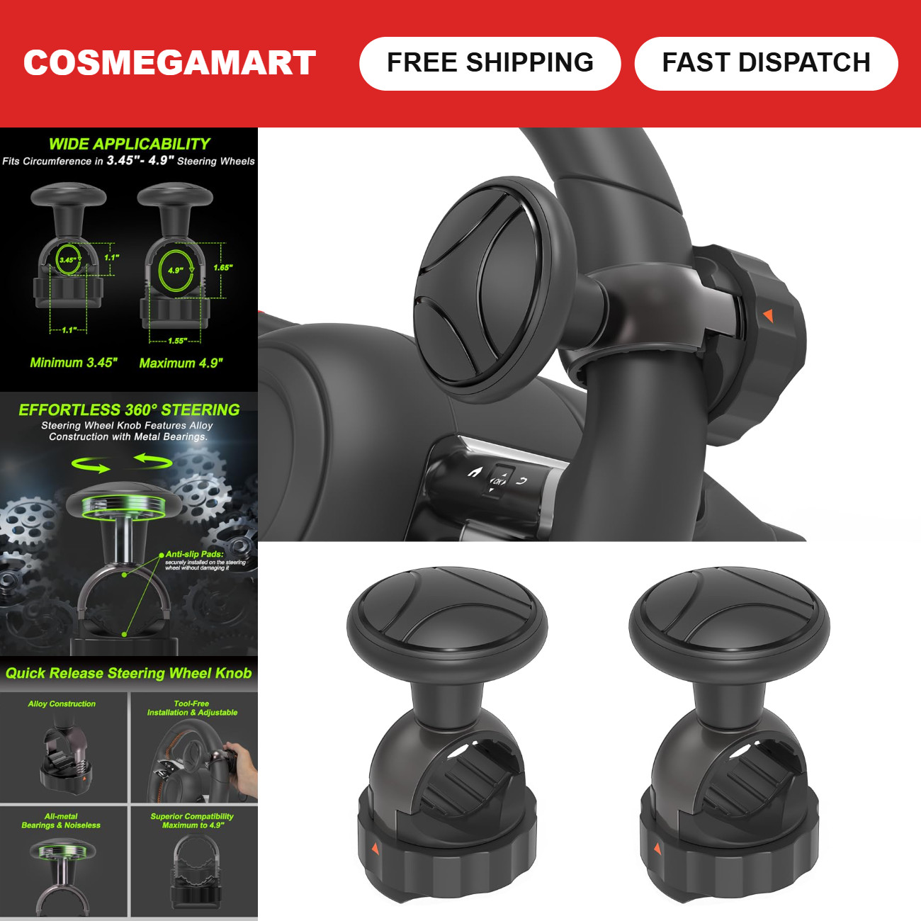Tool-Free Steering Wheel Knob Spinner - 2 Pack for 3.45-4.9\
