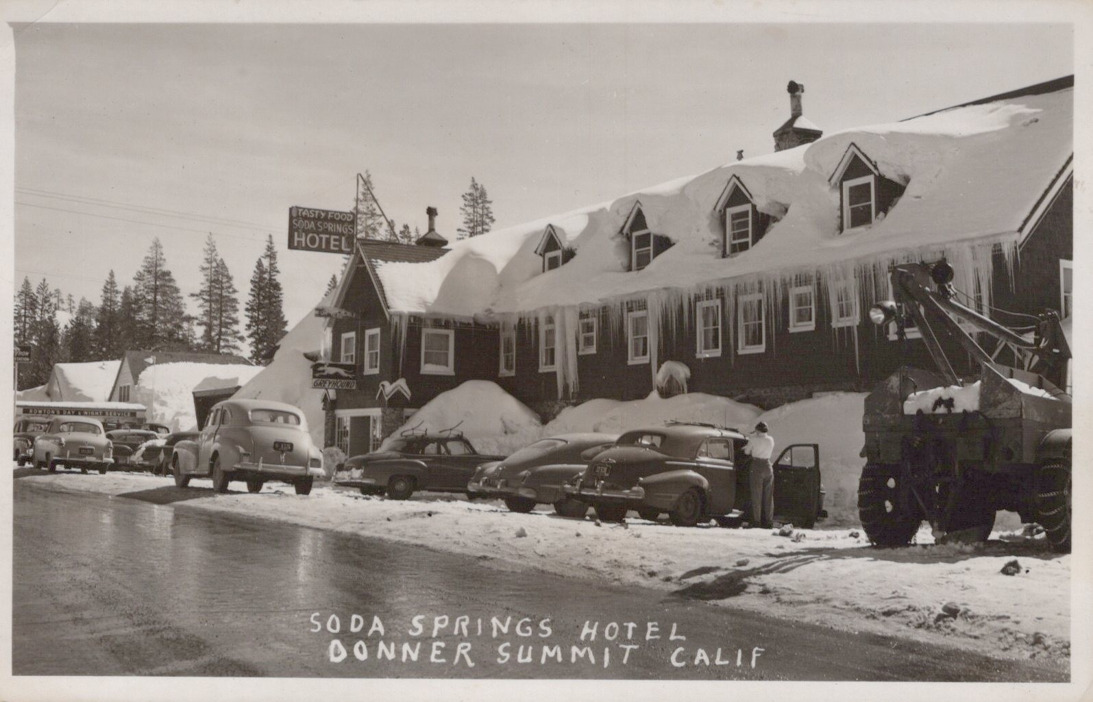 1953 Soda Springs California CA Soda Springs Hotel in winter RPPC Real Postcard