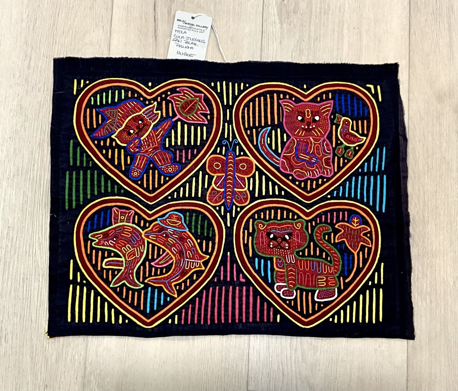 Vintage Guna Kuna Mola Panama Cats Bird Heart Fish Butterfly Folk Art Black NWT