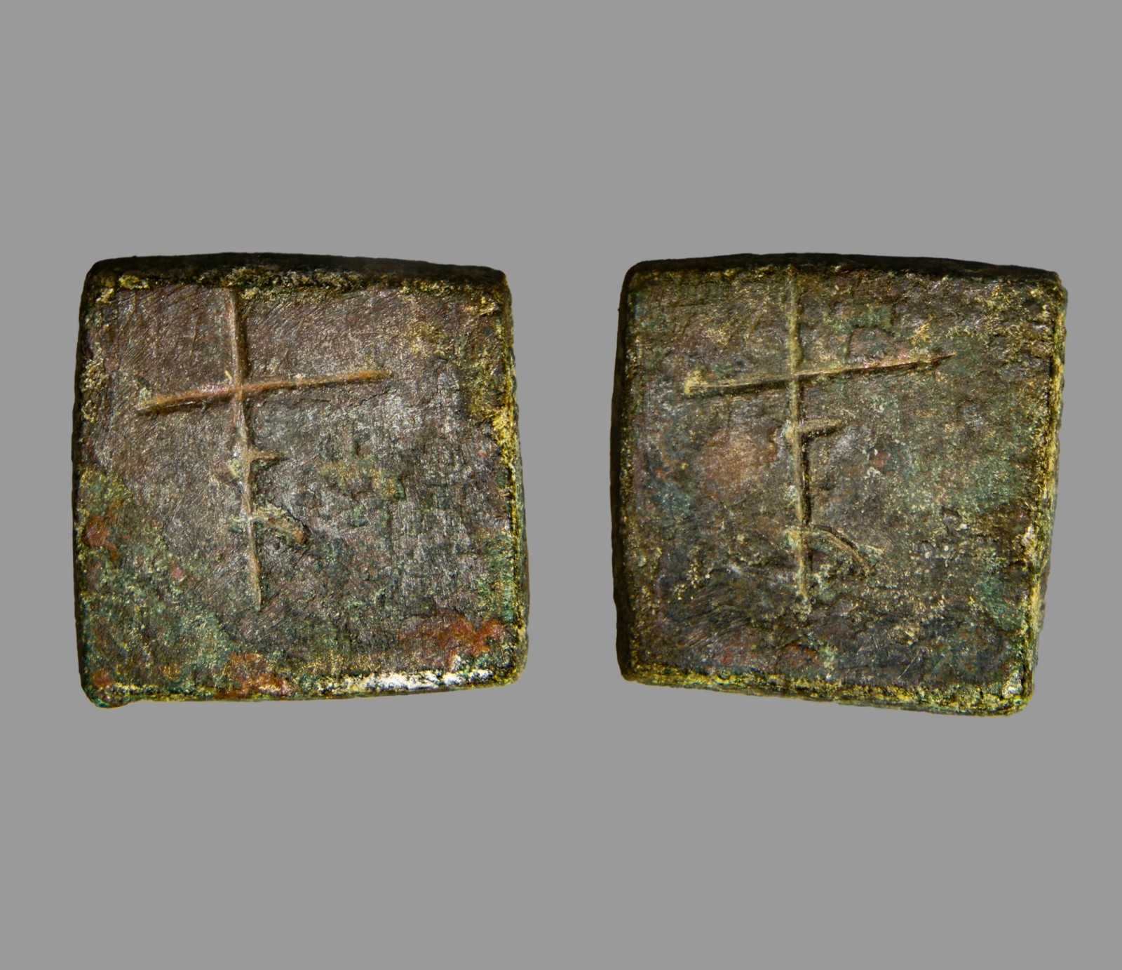 Ancient Crusader Period Bronze Square Weight 5.55g Inscribed Patriarchal Cross