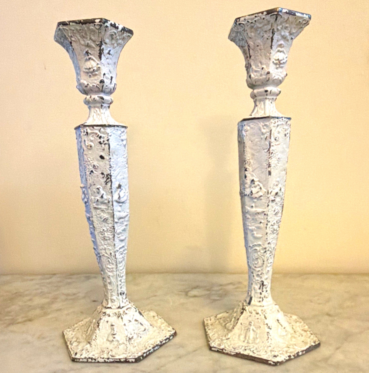 Antique WEIDLICH BROTHERS Candle Stick Holder Pair Painted White Distressed