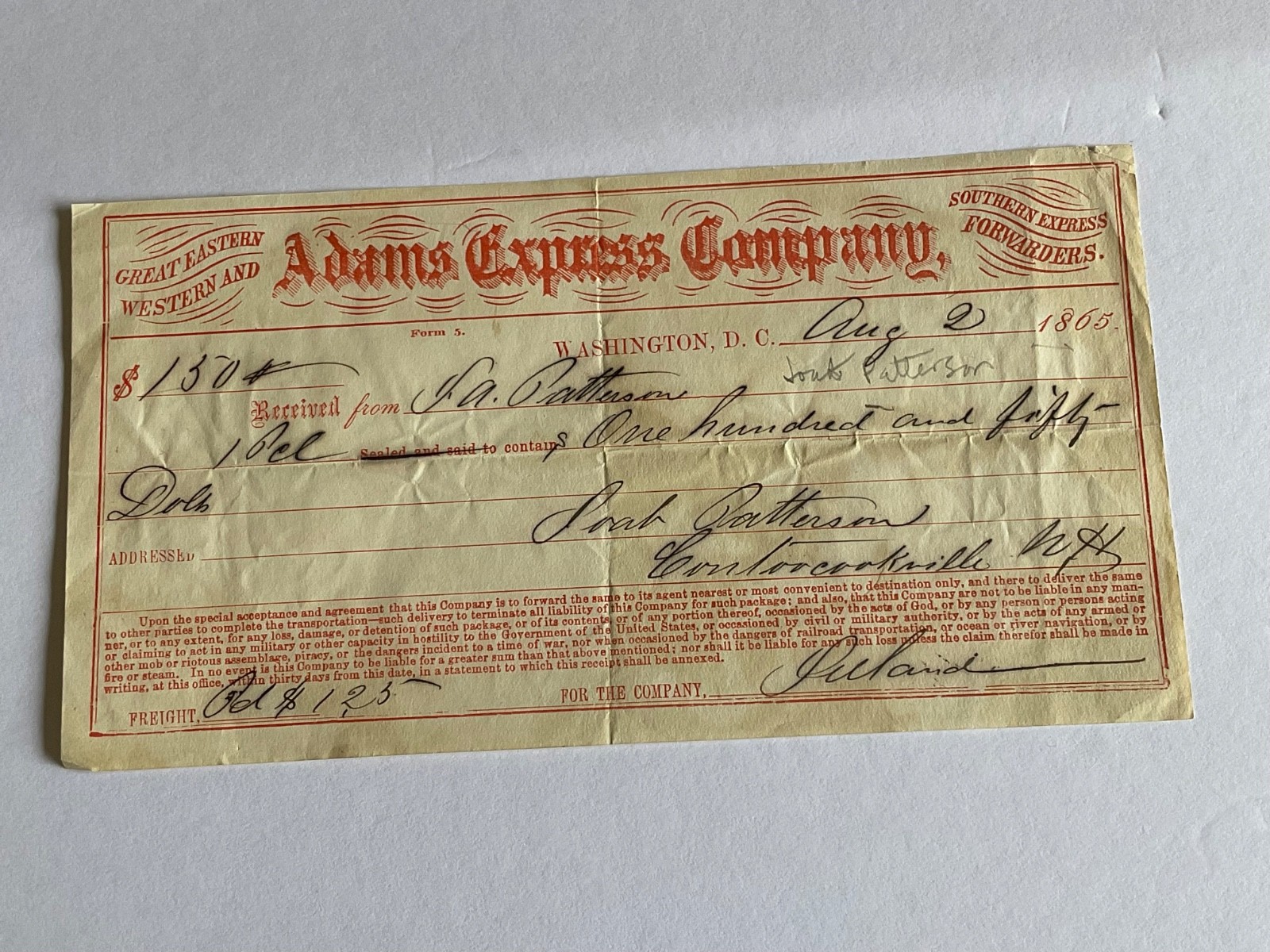 CIVIL WAR GENERAL JOAB PATTERSON SGN ADAMS EXPRESS MONEY RECEIPT 1865