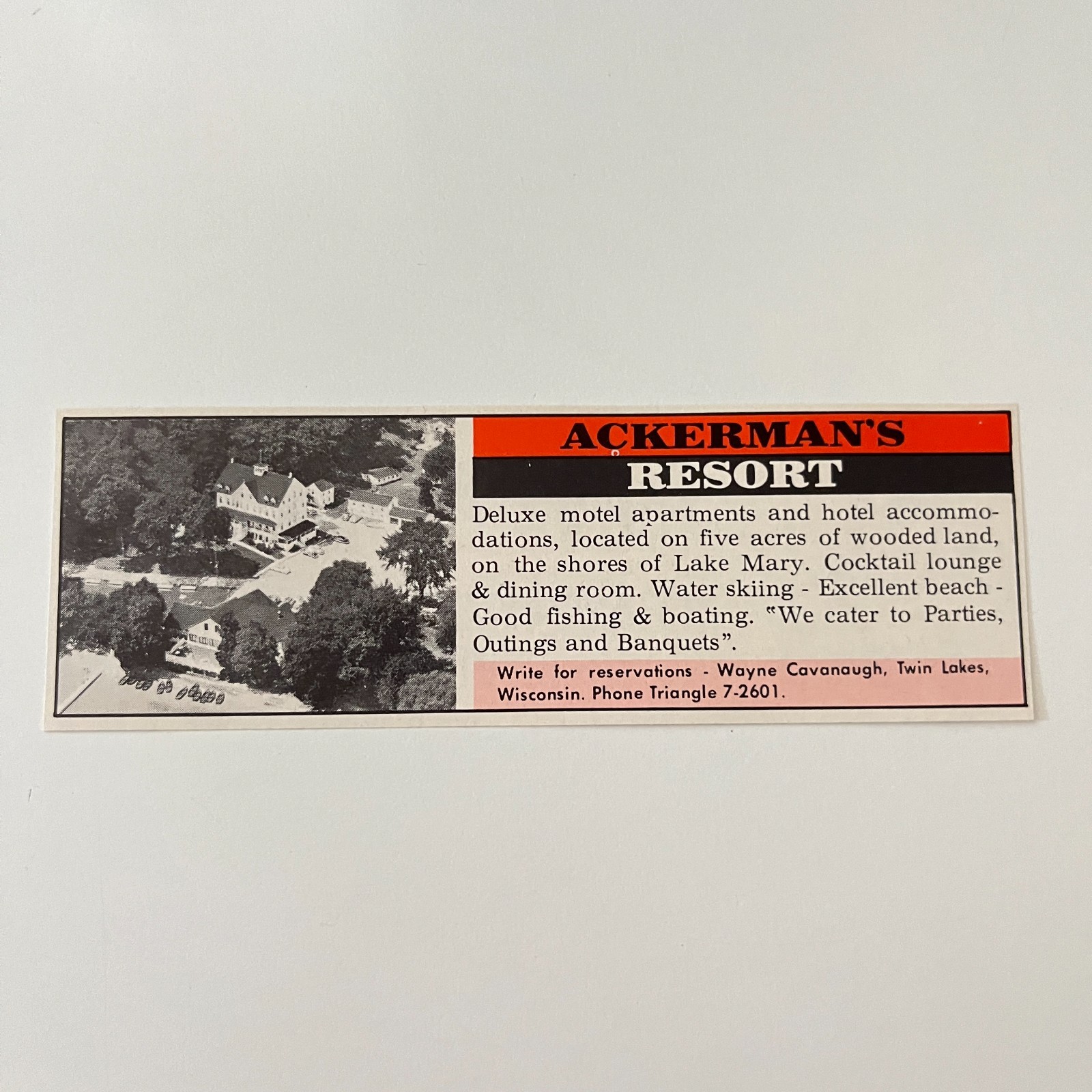 Ackerman\'s Resort Lake Mary Wayne Cavanaugh Twin Lakes WI 1963 WI Ad TAK2-M8
