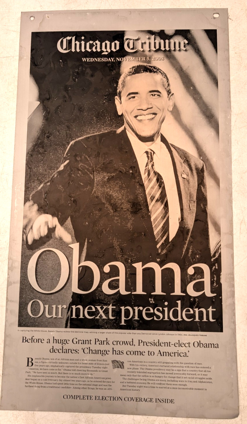 2008 Barack Obama Our Next President Chicago Tribune Printing Plate  - RK672