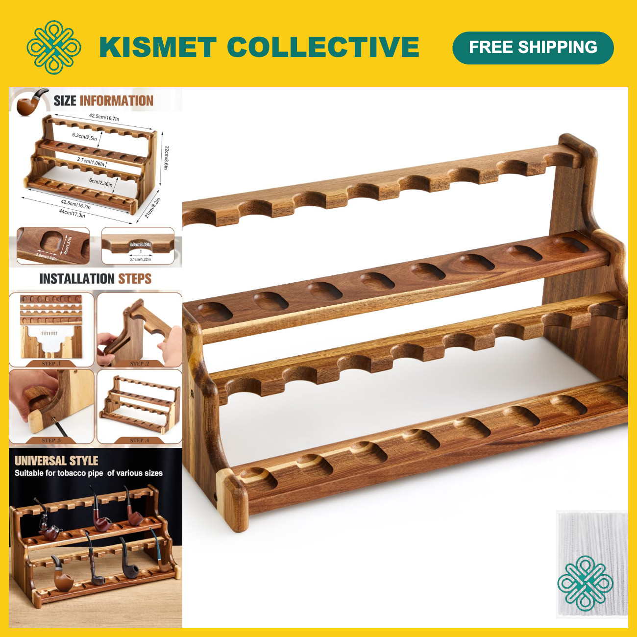 Acacia Wood Pipe Stand Holder for 16 Pipes - 2 Tier Display Rack, Organizer
