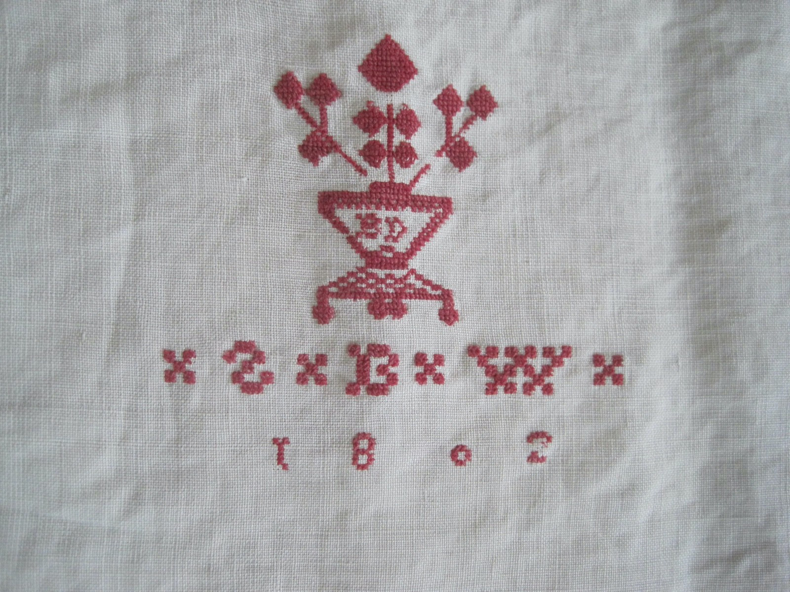 Antique Redwork Linen Double Panel Tablecloth Or Sheet 1802