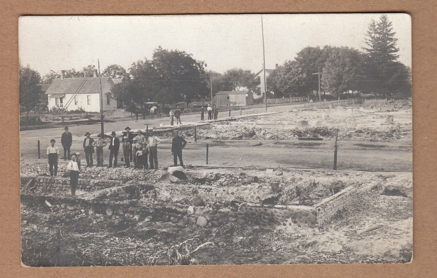 Vtg RPPC Real Photo Postcard Men on site BURNED BUILDING Catastrophe Demolished