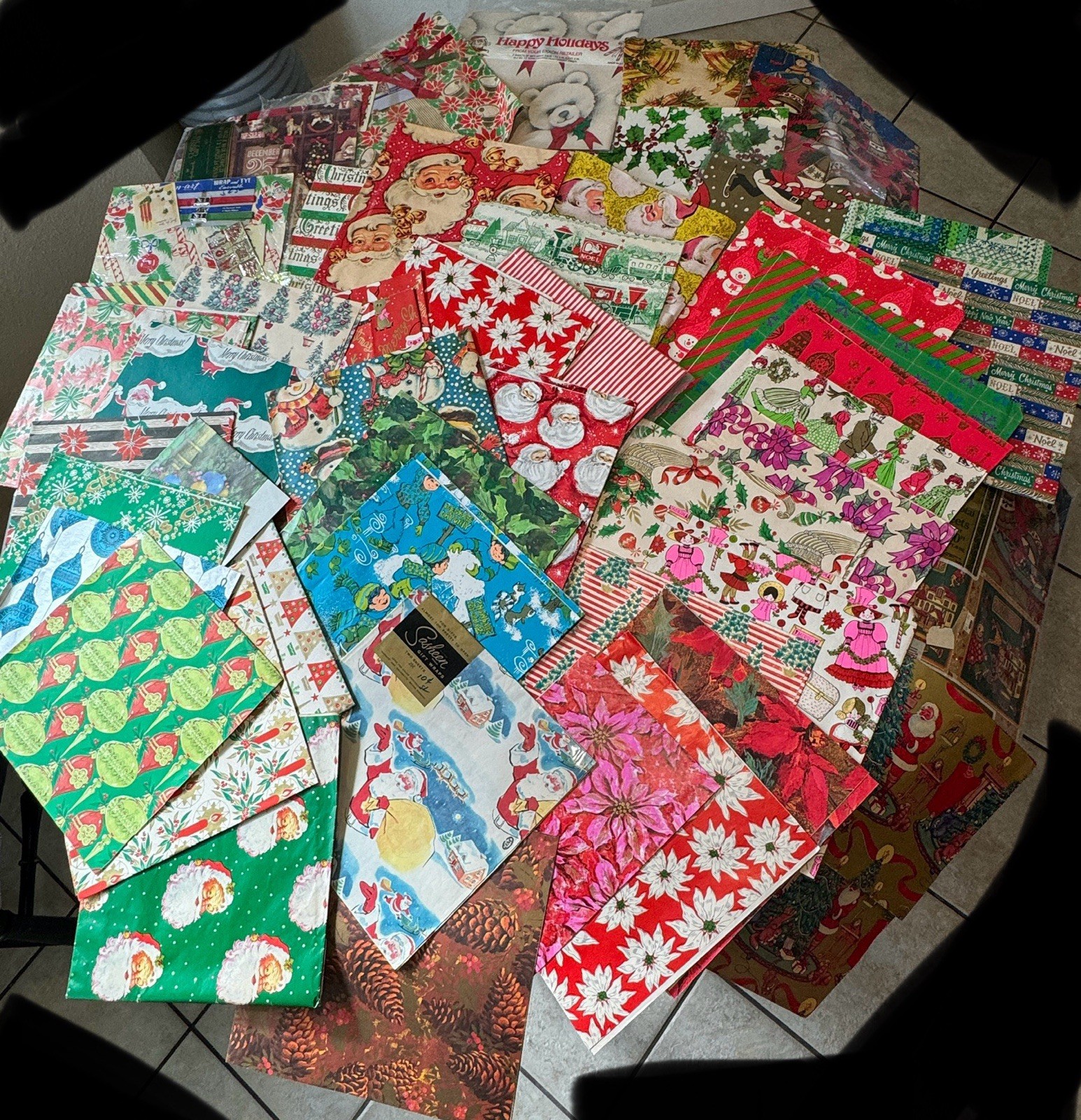 HUGE Lot of Vintage Christmas Wrapping Paper Crafting 4 lbs. & Cut Outs  READ