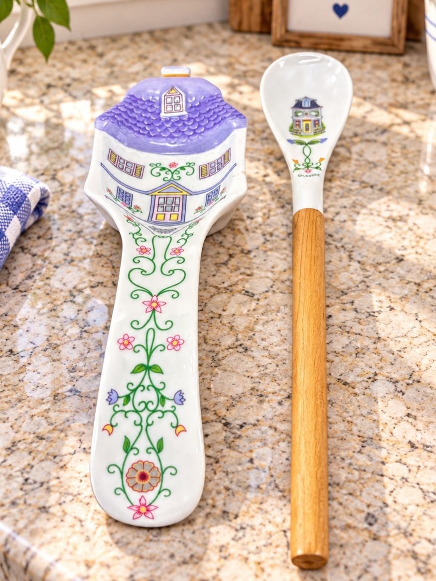 Lenox Spice Village Spoon Rest Fine Porcelain Vintage w Wooden Spoon 1997